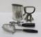 Vintage Kitchen utensils, black handle, sifter, scoop, 1893 chopper