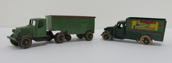 Two Tootsie Toy die cast delivery and hauling trucks