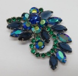 Lovely colored rhinestone Brooch, floral swirl, 2 1/2