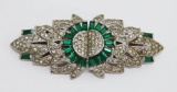 Emerald and clear rhinestone brooch dress clip, Coro Duette c 1931