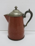 Brown speckled enameled coffee pot with metal handle and lid, 9