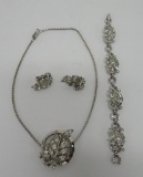 Trifari rhinestone parure, necklace, bracelet and earrings, rhinestone