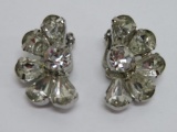 Weiss fan shape clip on earrings, pear and round rhinestones, 1 1/4