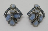 Kramer clip on earrings, iridescent blue and rhinestone, 1 1/4