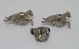 Two rhinestone running horse pins 1 1/4