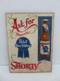 Pabst Blue Ribbon Shorty wooden plaque sign with bottle, 13 1/2