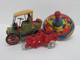 Vintage Toy lot with tin top, tin jalopy, and motorcyle delivery vehicle