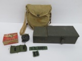 Military lot with mess kit, first aid tin, compass, patches, and metal box