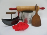 Vintage Kitchen lot, red handled utensils and sifter, red plastic cookie cutters, butter paddle