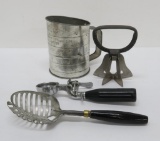 Vintage Kitchen utensils, black handle, sifter, scoop, 1893 chopper