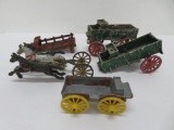 Cast metal horse drawn toys with wagons, parts