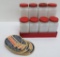 Eight milk glass spice containers with metal lids and holder, Pabst Groucho Marx coasters