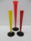 Three Czech art glass bud vases, orange, yellow, and red