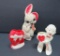 Vintage Valentine plastic candy containers and plaster rabbit