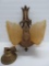 Ornate Art Deco Hanging Light Fixture, Cast Iron with Etched Amber Shades