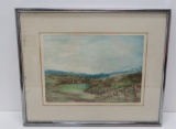 Valley Farm Colored Etching by Henry Lee, 1970, 66 of 125 framed