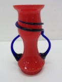 Czech Art Glass Vase, Tango, Red with Applied Cobalt, 6 1/2