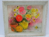 Artist signed Mid Century modern acrylic floral still life, BEA Kehoss, 1967, framed 23 1/2