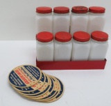 Eight milk glass spice containers with metal lids and holder, Pabst Groucho Marx coasters