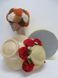 Three lovely vintage woman's hats, Schiaparelli and Wakefield, TA Chapman Co hat box