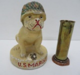 US Marine Chalkware Bulldog and Trench Art Vase