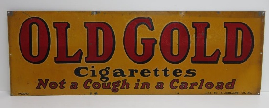 Old Gold Cigarette Advertising sign, metal, Not a Cough in a Carload, Lorillard #2041nice, 12" x 36"