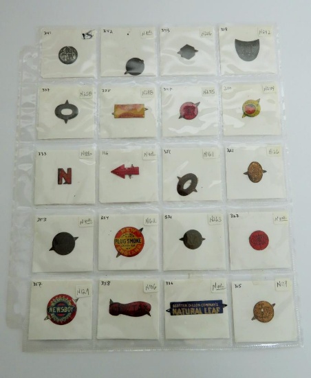 20 Chewing Tobacco tin tags, advertising, 3/4" to 1 3/4"