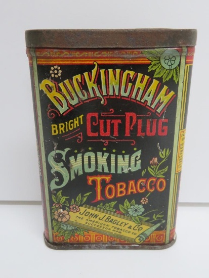Buckingham Bright Cut Plug Smoking Tobacco metal pocket tin, Bagley, 4 1/2" x 3"