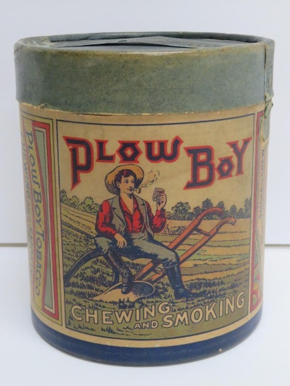 Plow Boy cardboard round tobacco container, 5" round and 6" tall, Spaulding and Merrick