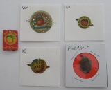 Five chewing tobacco tin tags, fruit design, 3/4