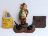 Hobo pipe stand, two pipes, Old Hill Side tobacco bag and King Pin bag