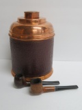 Copper and leather tobacco cigar humidor and two Medico pipes