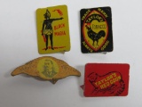 Four Chewing Tobacco tin tobacco tags, Black Americana, rooster, racoon and portrait