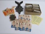 E-Z Roll cigarette makers, B & W cigarette papers, eagle ashtray and three empty cloth tobacco bags