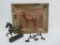 Vintage Horse lot, spurs, statue/trophy and framed 3D art