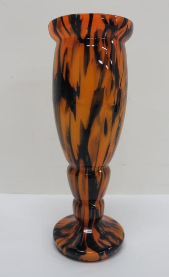 Multi glaze orange and black art glass vase, marked Czechoslavakia, 8 1/4"