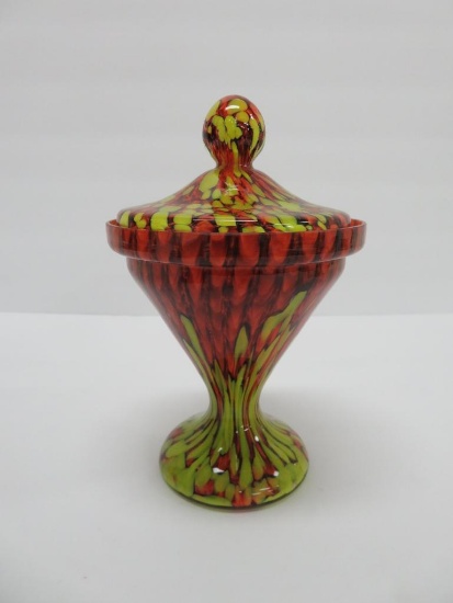 End of the Day covered candy dish, Art Glass, Czech attribution, 7 1/2"