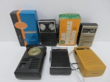 Five working vintage transistor radios, two with boxes and earphones, 4