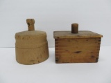 Two wooden butter molds, round and rectangle, wheat sheaves and stars, 5 1/2