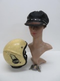 Vintage Harley Davidson leather hat, belt buckle and vintage Lear Siegler motorcycle helmet, SS75