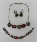 Danecraft sterling earrings, necklace and bracelet, carnelian type stone insets
