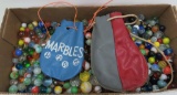 Lot of vintage marbles and 2 marble bags, machine made, about 400 marbles