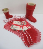 Vintage Christmas boot candy containers and never used mesh stockings