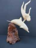 John Perry sculpture, woman and dolphin, on burl wood base, 18
