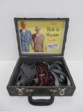 Mens suit sample case with advertising and suspenders