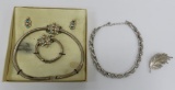 Costume jewelry lot, silvertone and rhinestone/pearl set and pin with earrings