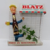 Blatz sign, BO-421, Blatz beer bottle man, First in Wisconsin, metal mesh and awning, unusual