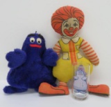 Vintage McDonald's collectibles, cloth Ronald McDonald, plush Grimace and drinking glass