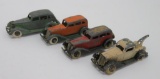 Four vintage Tootsie Toy vehicles, two cars and tow truck, 4