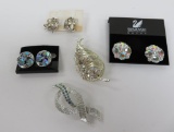 Rhinestone earrings and pins, signed
